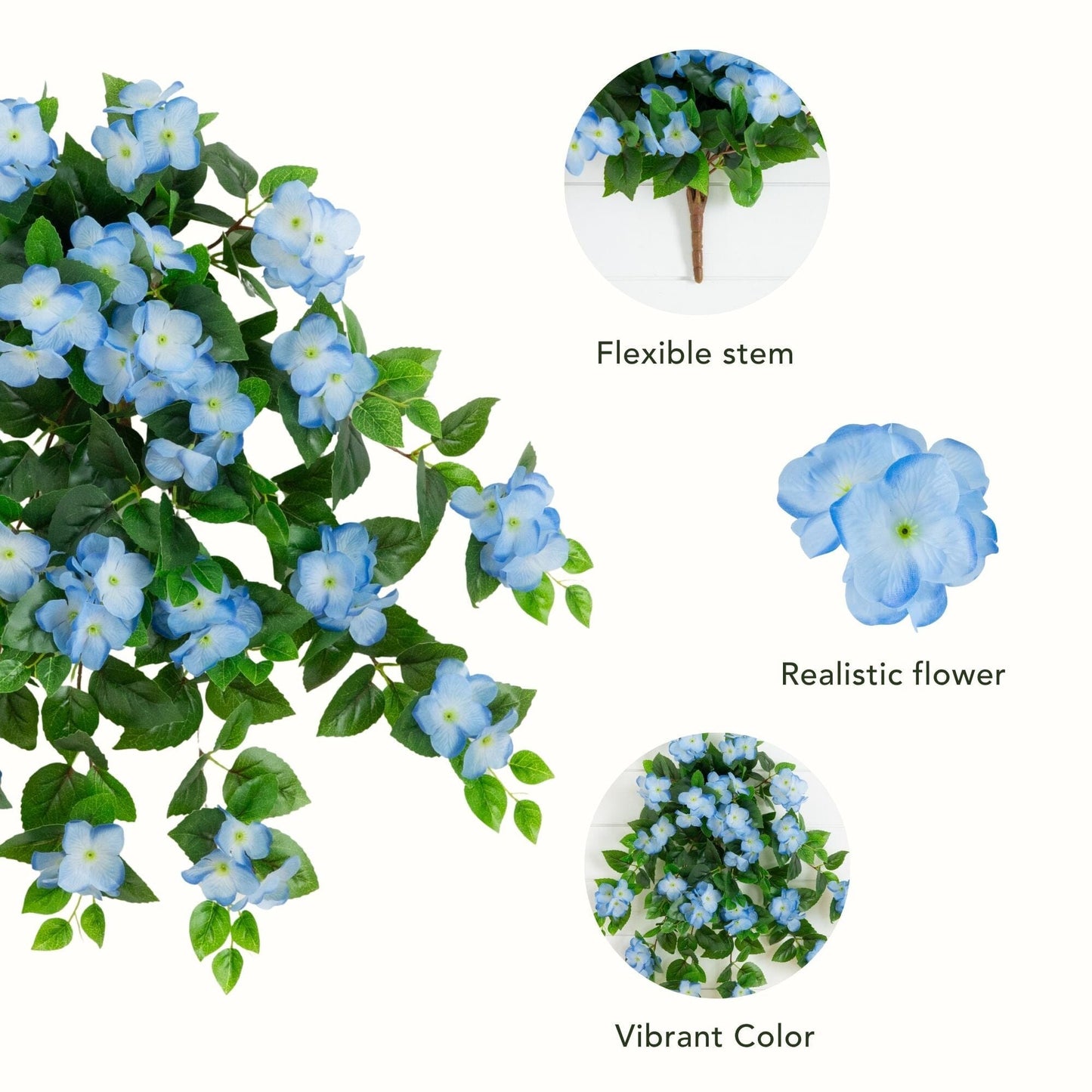 Nearly Natural 24in UV-resistant artificial hydrangea hanging plant set of 2 in blue with green leaves on Tampa Home & Garden Store