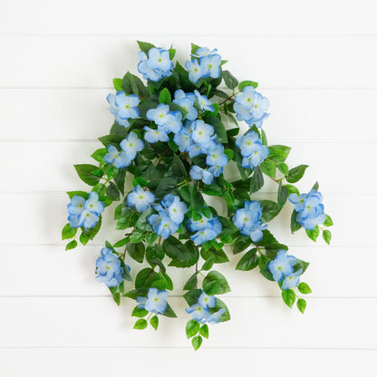 24in UV-resistant artificial hydrangea hanging plant set of 2, blue blooms with leaves on Tampa Home & Garden Store