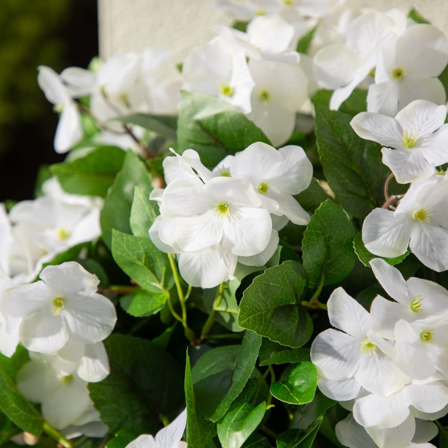 Artificial hydrangea hanging plant, 24 in, UV resistant, 2-pack, white blooms and green leaves on Tampa Home & Garden Store