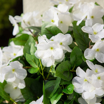 Artificial hydrangea hanging plant, 24 in, UV resistant, 2-pack, white blooms and green leaves on Tampa Home & Garden Store