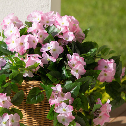 Artificial hydrangea hanging plant set of 2, pink blossoms with green leaves in wicker basket on Tampa Home & Garden Store