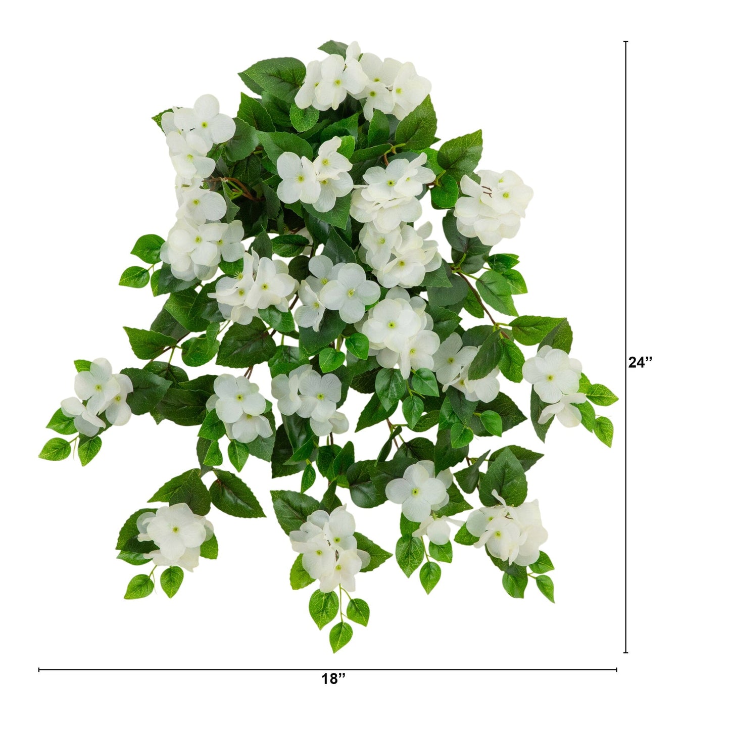 Hanging artificial hydrangea plant, 24in UV-resistant, 2-pack, white blooms with green leaves on Tampa Home & Garden Store