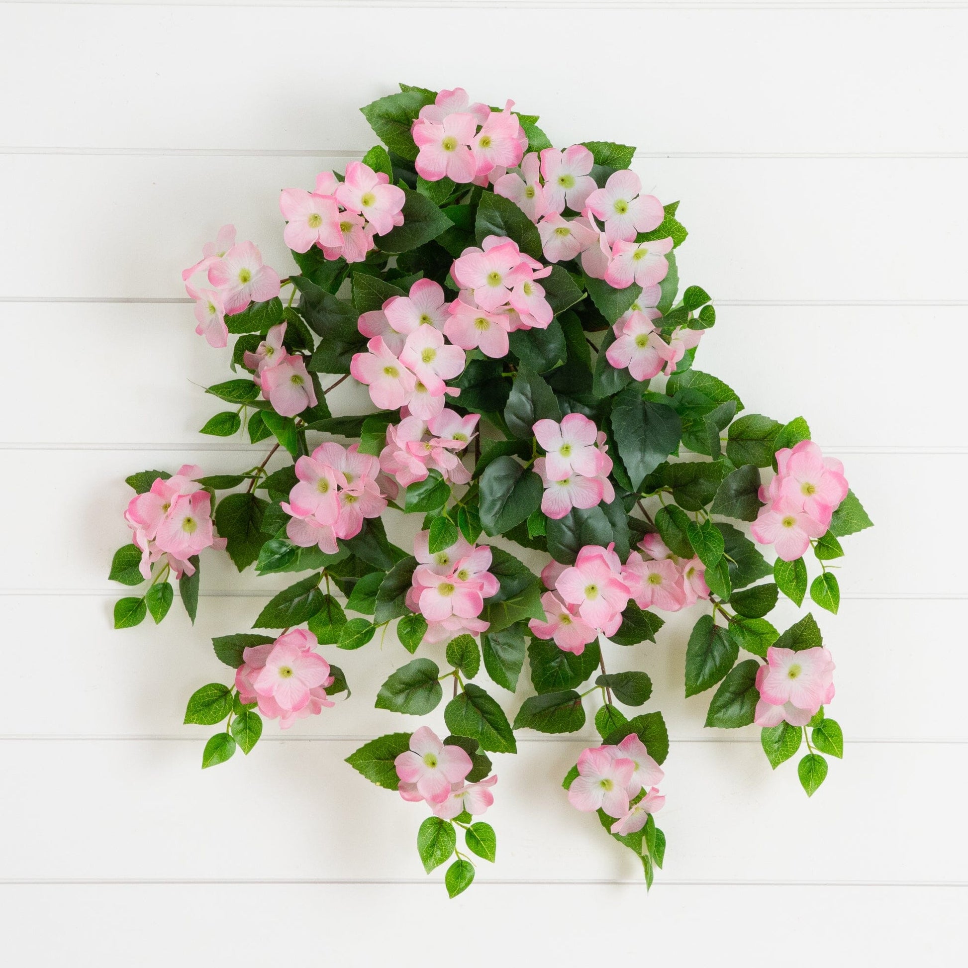 Nearly Natural 24in pink hydrangea hanging plant pair with lush green leaves on Tampa Home & Garden Store