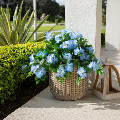 24in UV Resistant Hydrangea Hanging Plant set of 2 with blue blooms in wicker basket on Tampa Home & Garden Store