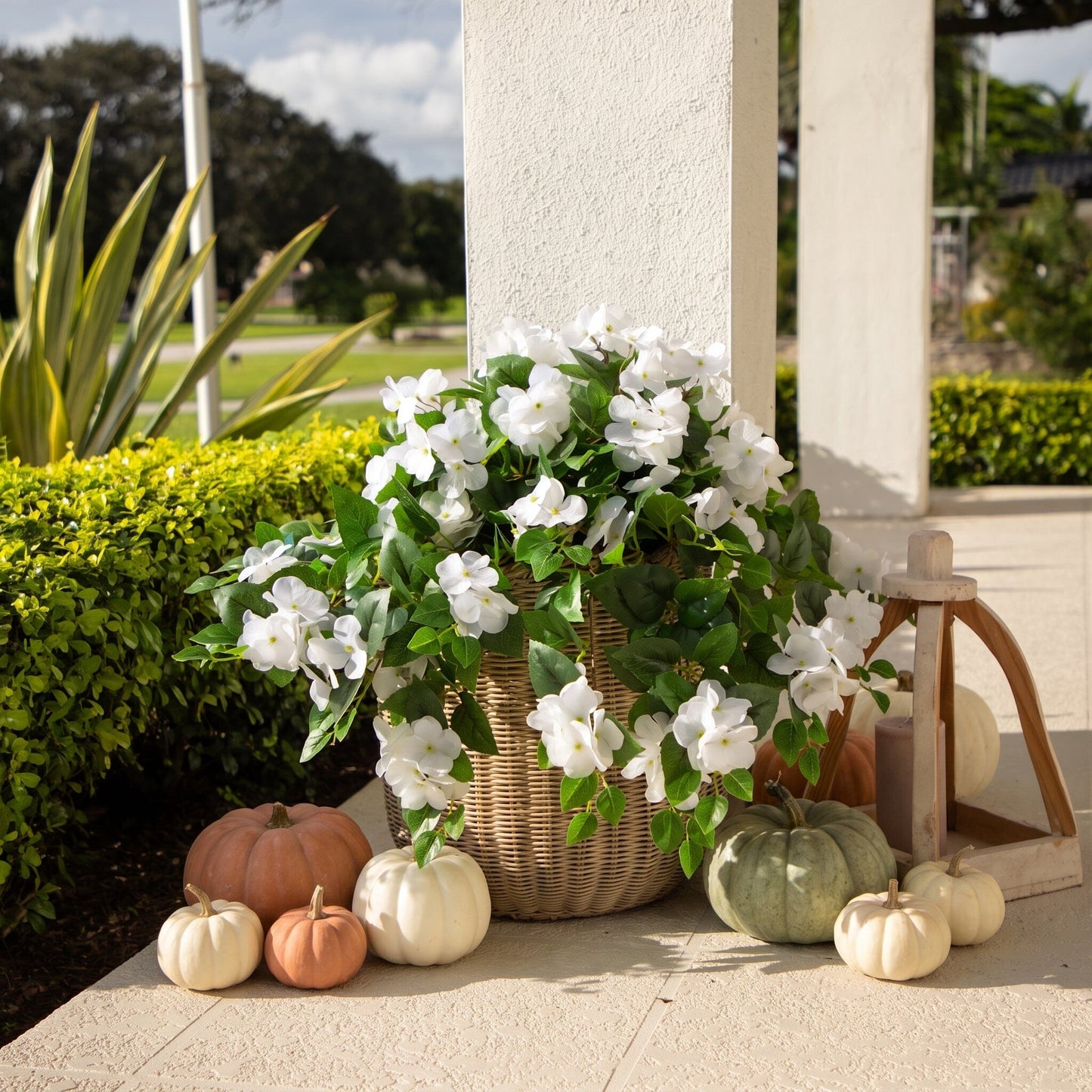 Artificial Hydrangea Hanging Plant 24in Nearly Natural UV-resistant set of 2 in wicker basket on Tampa Home & Garden Store