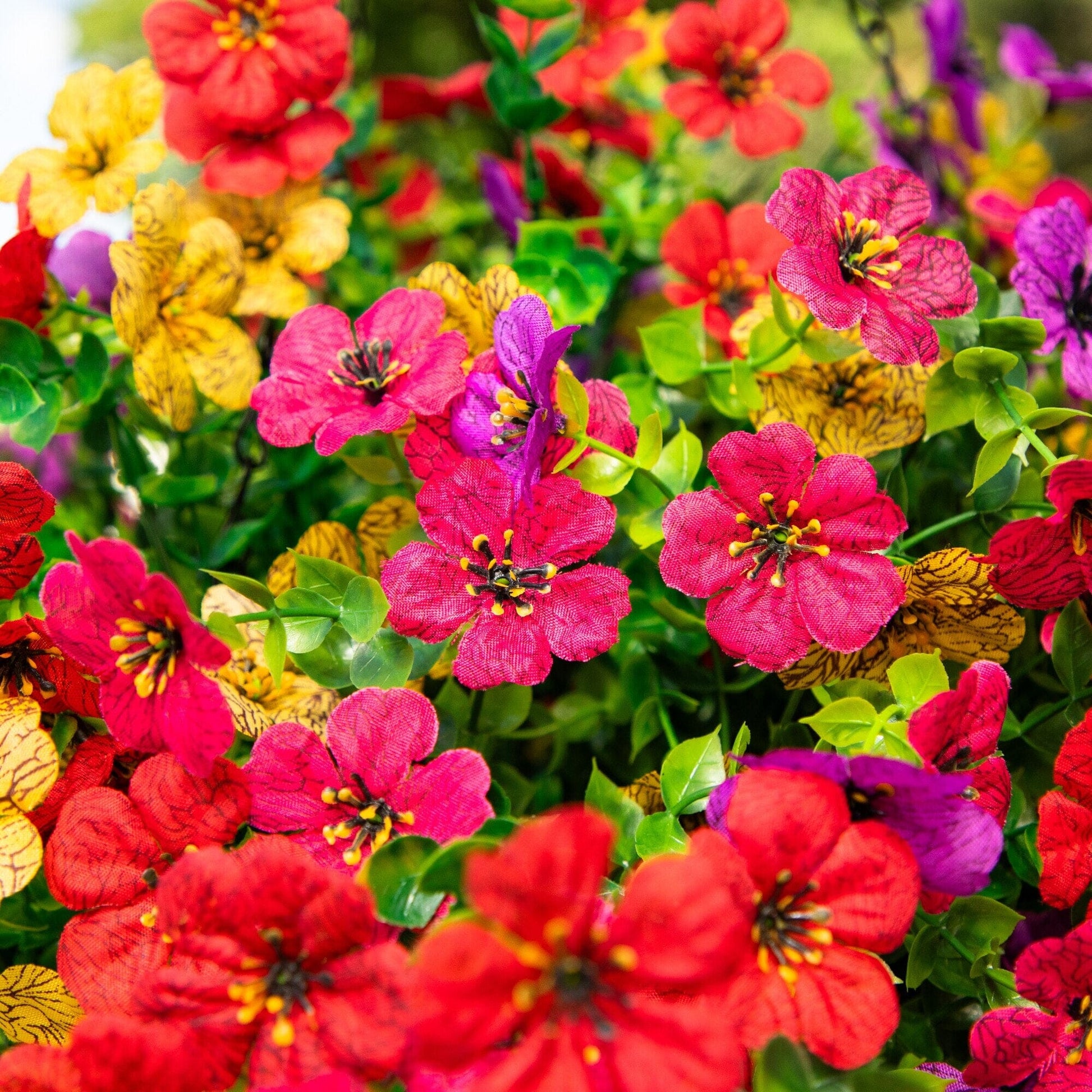 Nearly Natural 24in UV resistant artificial daisies hanging basket DIY with pink red yellow blooms on Tampa Home & Garden Store
