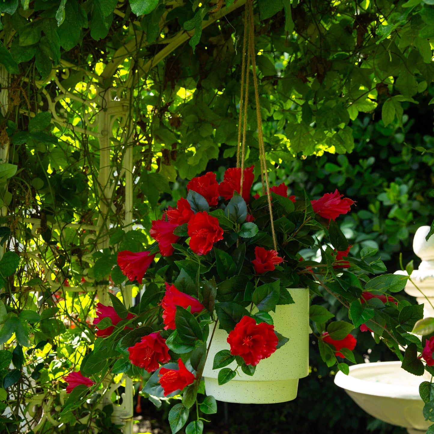 Red hibiscus hanging plant set of 2, UV resistant artificial blossoms with green leaves on Tampa Home & Garden Store