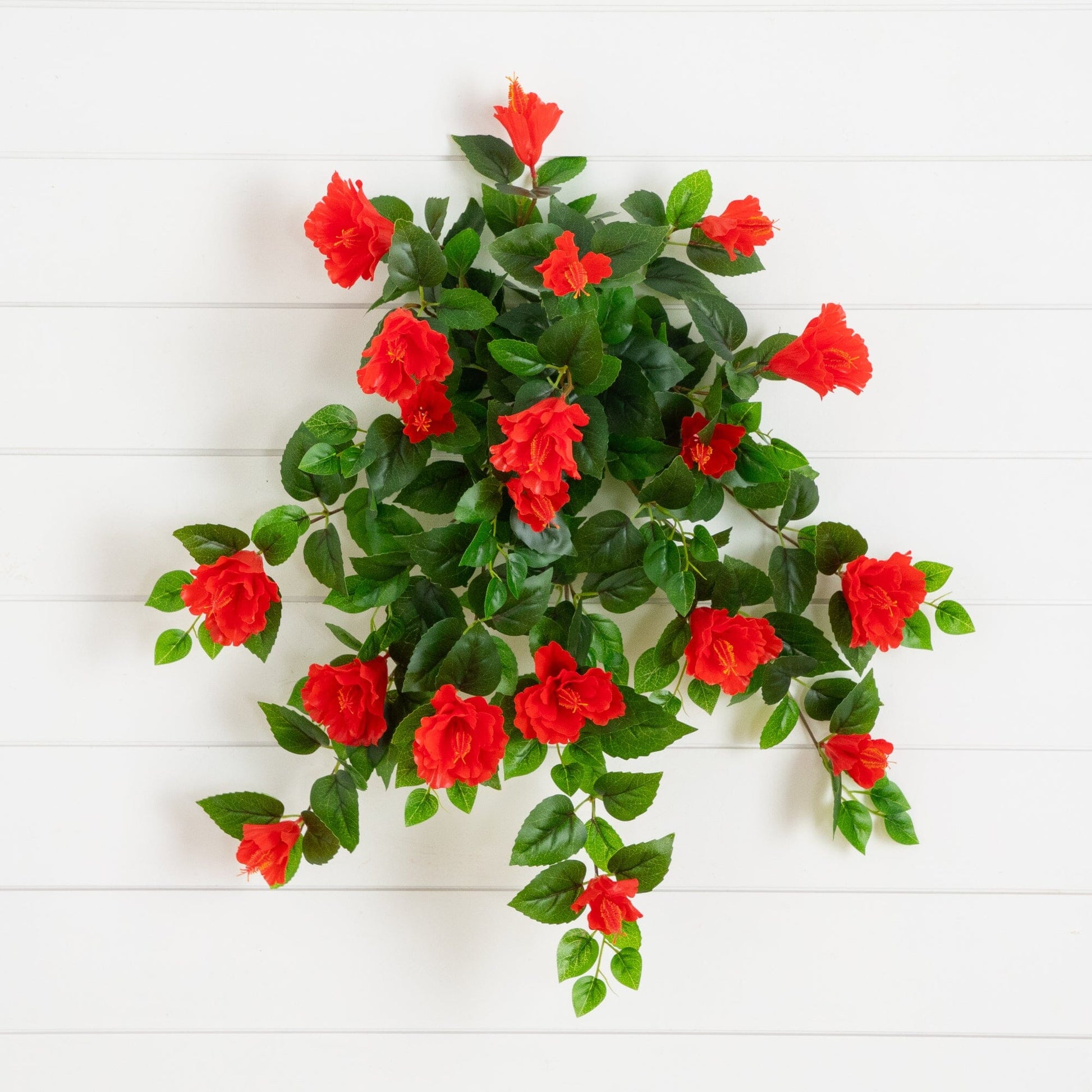 Hibiscus Hanging Plant set of 2, red artificial blooms with green leaves, UV resistant on Tampa Home & Garden Store