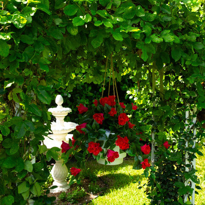 Nearly Natural UV-Res Artificial Hibiscus Hanging Plant set of 2 with red blooms among leaves on Tampa Home & Garden Store