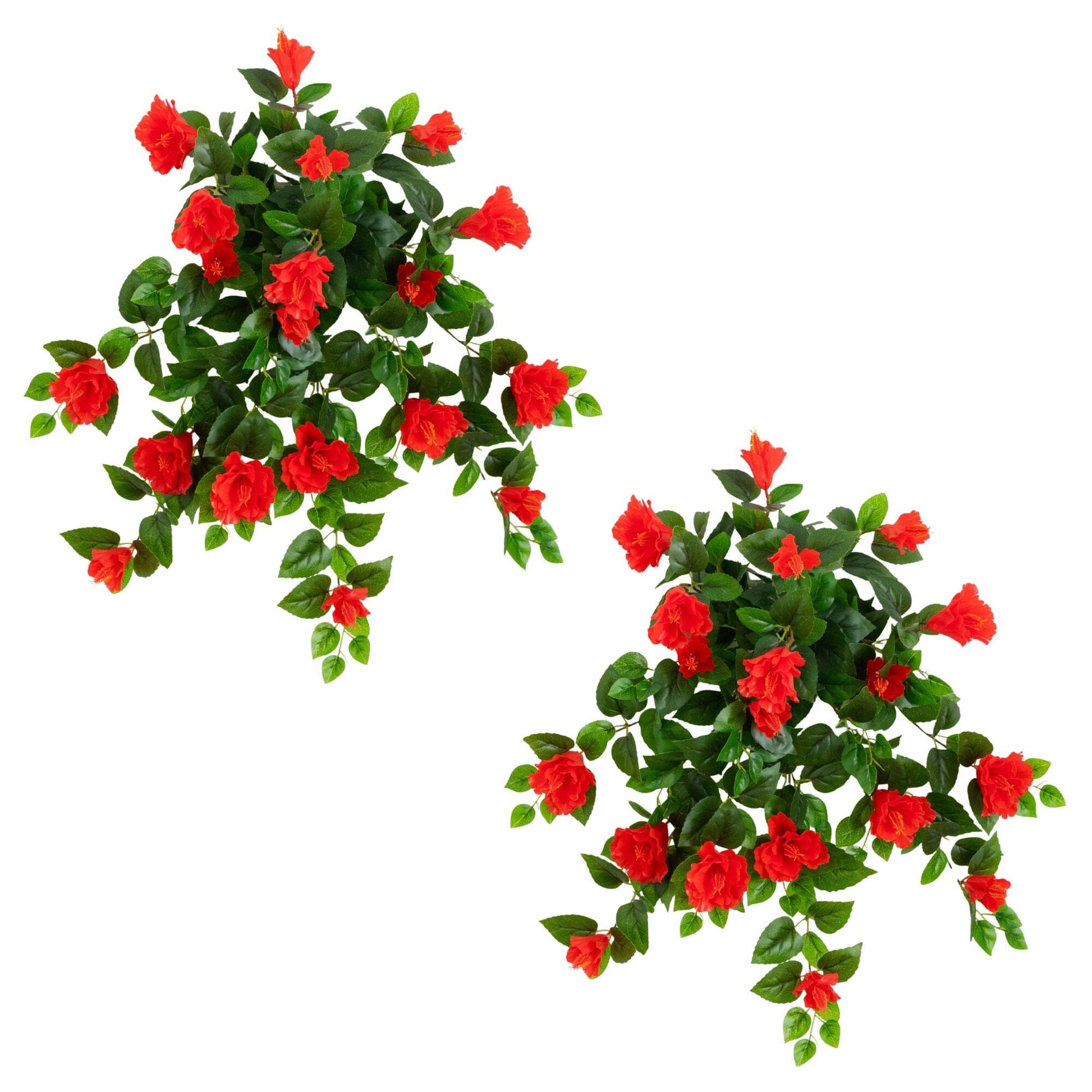 Hanging artificial hibiscus plant set of 2 red blooms with green leaves 24in UV resistant on Tampa Home & Garden Store