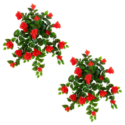 Hanging artificial hibiscus plant set of 2 red blooms with green leaves 24in UV resistant on Tampa Home & Garden Store
