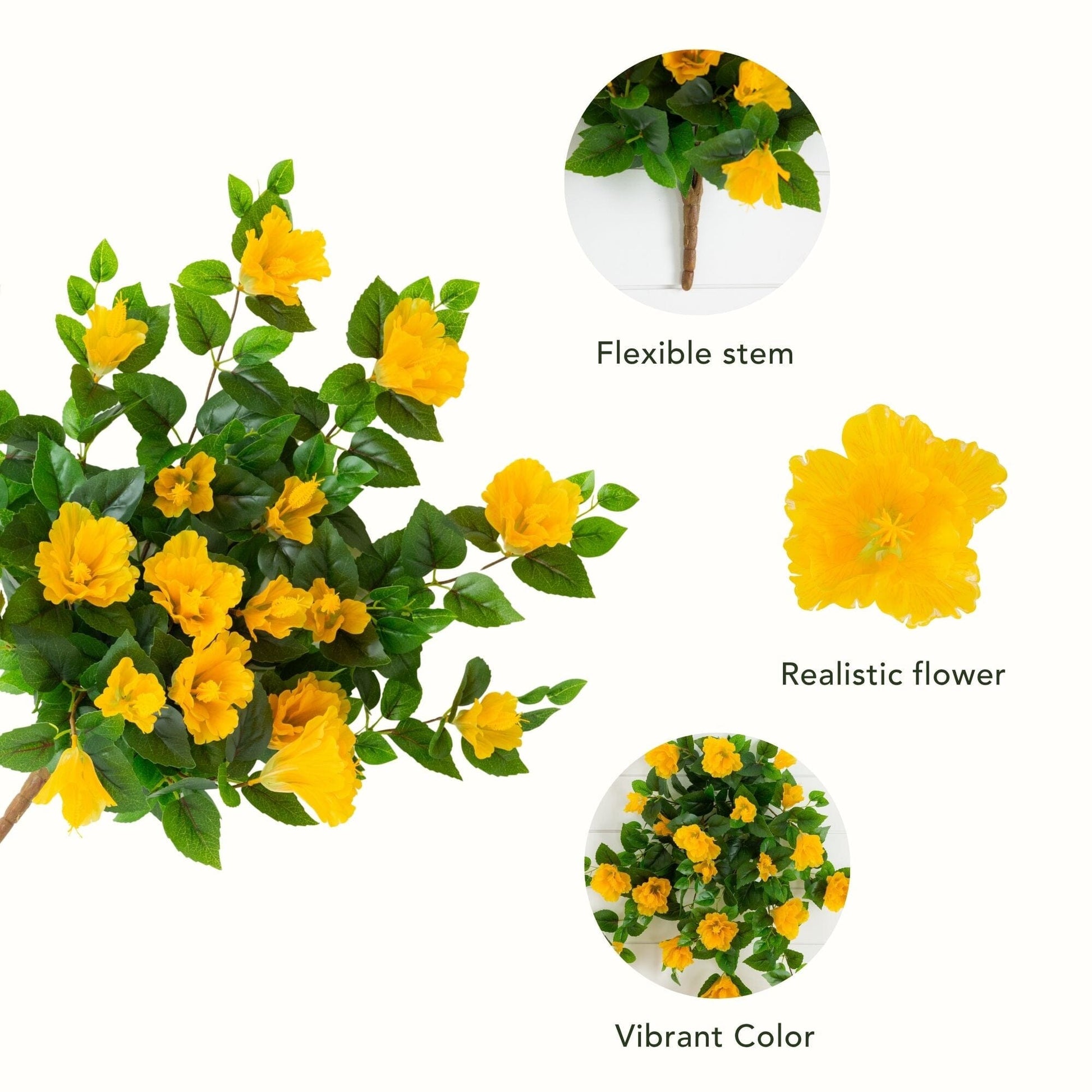 Hibiscus hanging plant set of 2, artificial 24in UV resistant with bright yellow blooms on Tampa Home & Garden Store