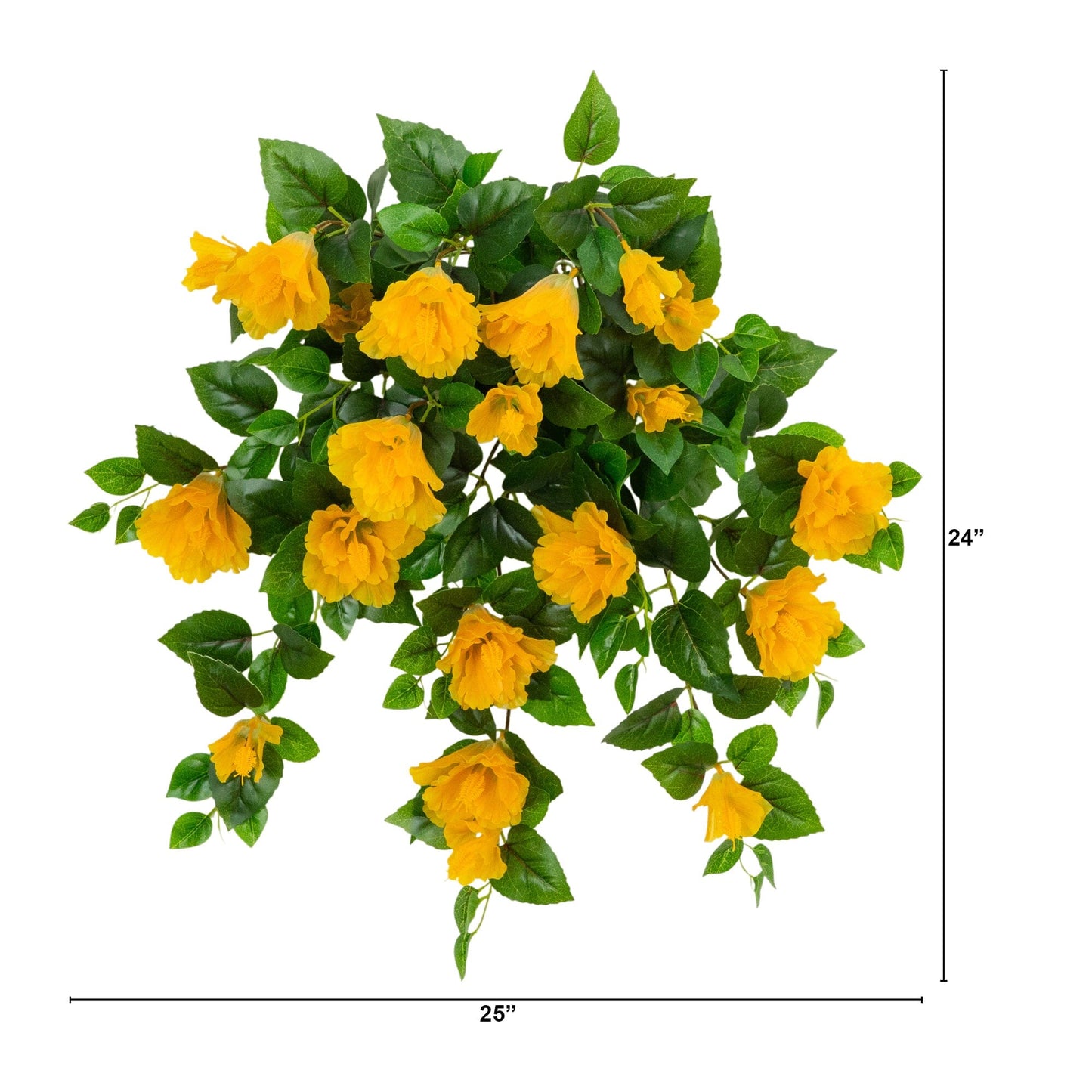 Two 24-inch UV-resistant artificial hibiscus hanging plants with yellow blooms and green leaves on Tampa Home & Garden Store