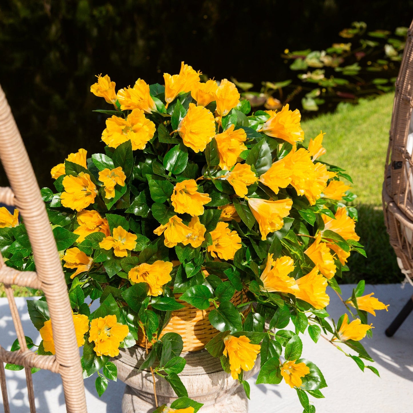 Hanging artificial hibiscus plant set of 2, 24in UV-resistant yellow blooms Nearly Natural on Tampa Home & Garden Store