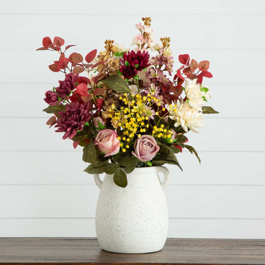 25in Nearly Natural mixed flower arrangement in ceramic vase with pink burgundy blooms on Tampa Home & Garden Store