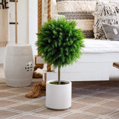 Artificial Cedar Ball With A White Planter Base