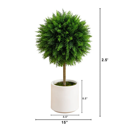 Artificial Cedar Ball With A White Planter Base