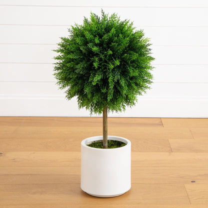 Artificial Cedar Ball With A White Planter Base