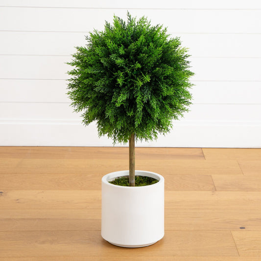 2.5ft Nearly Natural UV-resistant artificial cedar ball topiary tree in white decorative planter on Tampa Home & Garden Store