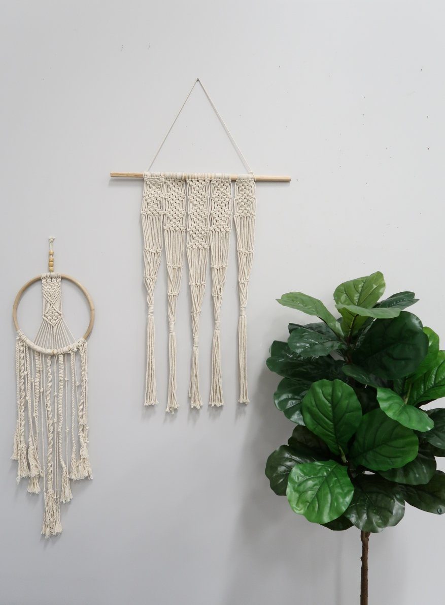 Macrame wall hanging decor set, 2 pieces, cream with wood dowels and hoop, Nearly Natural on Tampa Home & Garden Store