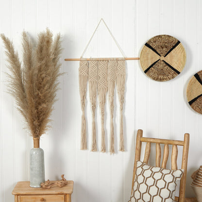 Macrame wall hanging decor 2.5x2 ft by Nearly Natural, beige cotton cords on wooden dowel on Tampa Home & Garden Store
