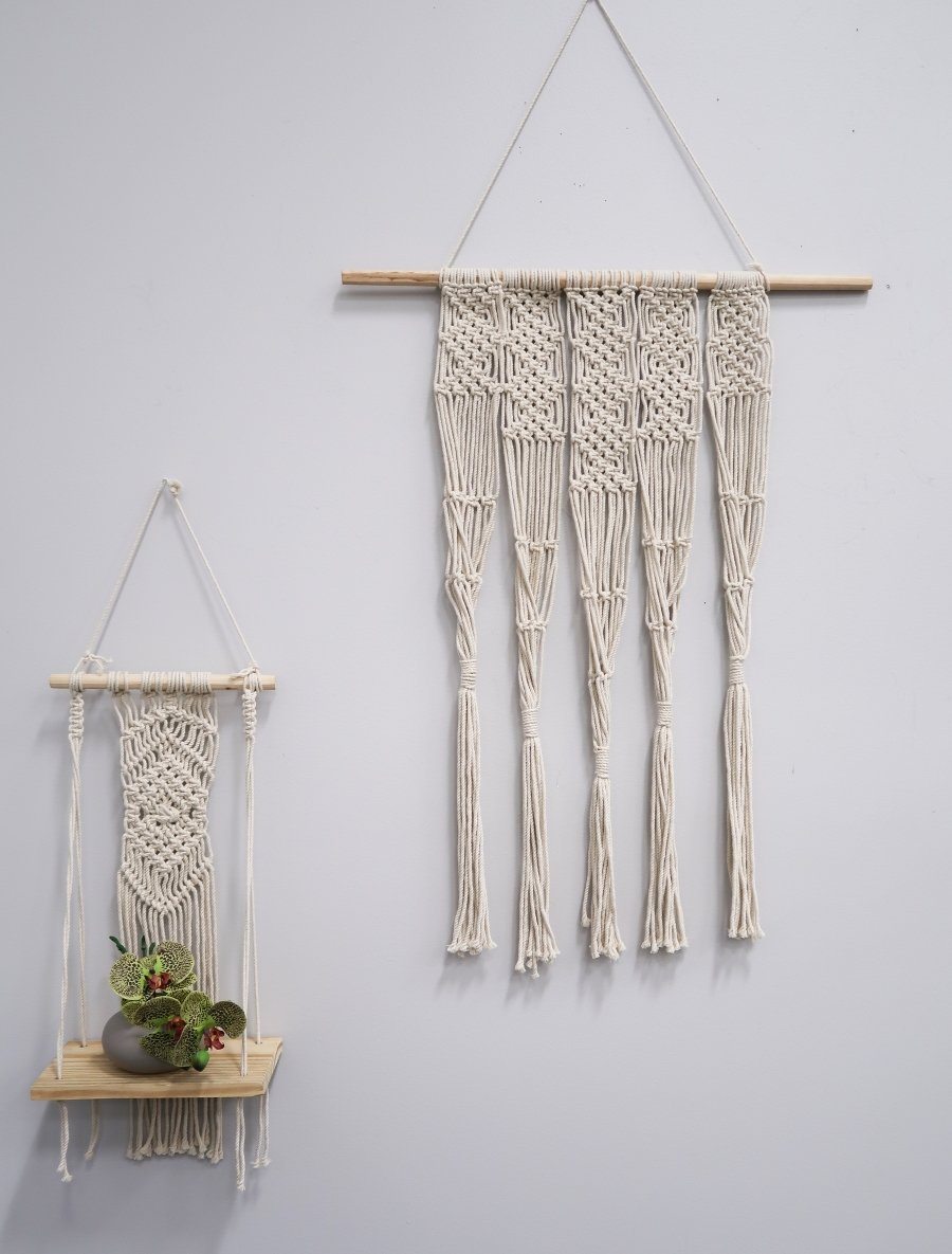 Two macrame wall hangings by Nearly Natural, handwoven cotton with wood dowels for walls on Tampa Home & Garden Store