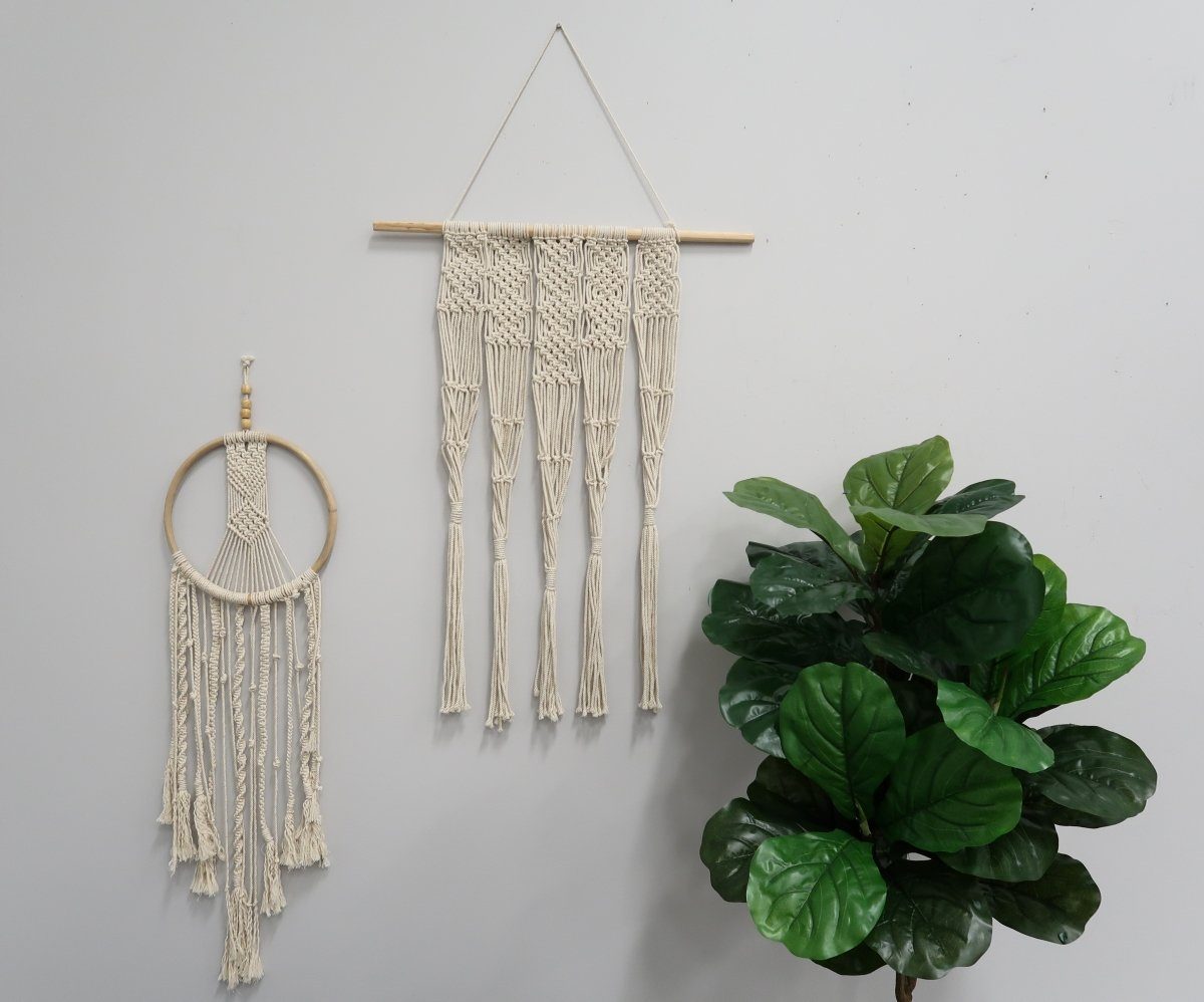 Set of two macrame wall hangings in natural cotton, circular hoop and long fringe, Nearly Natural on Tampa Home & Garden Store