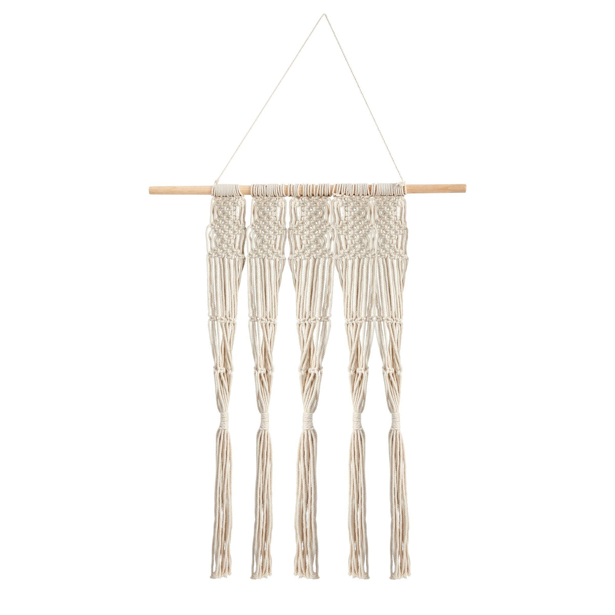2.5’ x 2’ cream hand woven macrame wall hanging with wooden rod and fringe on Tampa Home & Garden Store