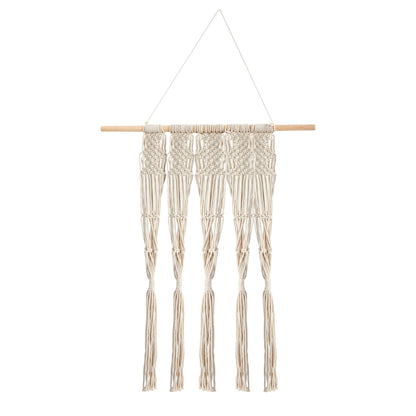 2.5’ x 2’ cream hand woven macrame wall hanging with wooden rod and fringe on Tampa Home & Garden Store