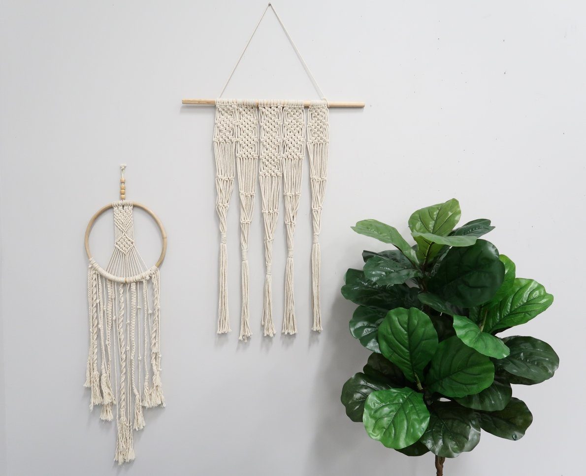 Two cotton macrame wall hangings, 2.5’x2’, hand woven with wooden dowel and hoop on Tampa Home & Garden Store