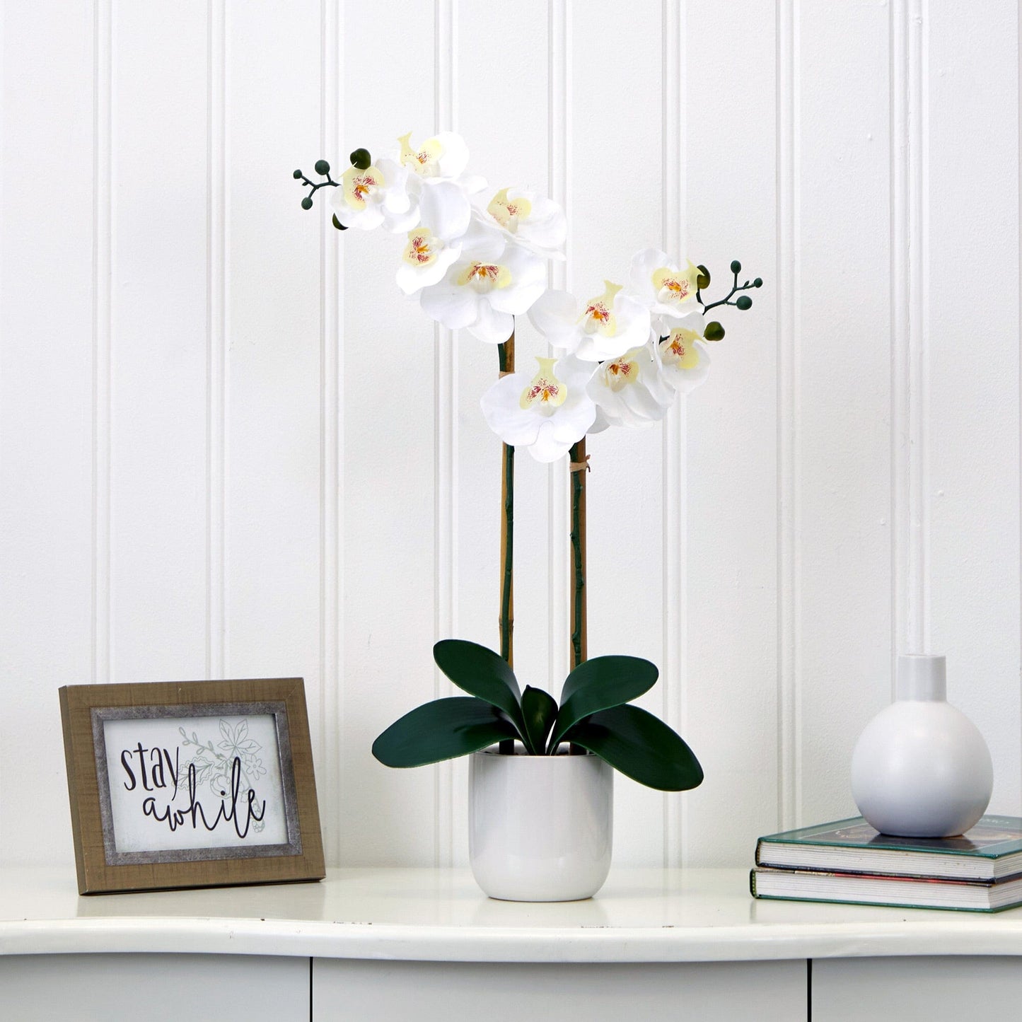 Orchidée double Phalaenopsis artificielle de 66 cm, réaliste au toucher, avec vase décoratif