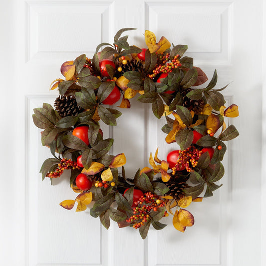 26” Autumn Persimmon and Pinecones Artificial Fall Wreath