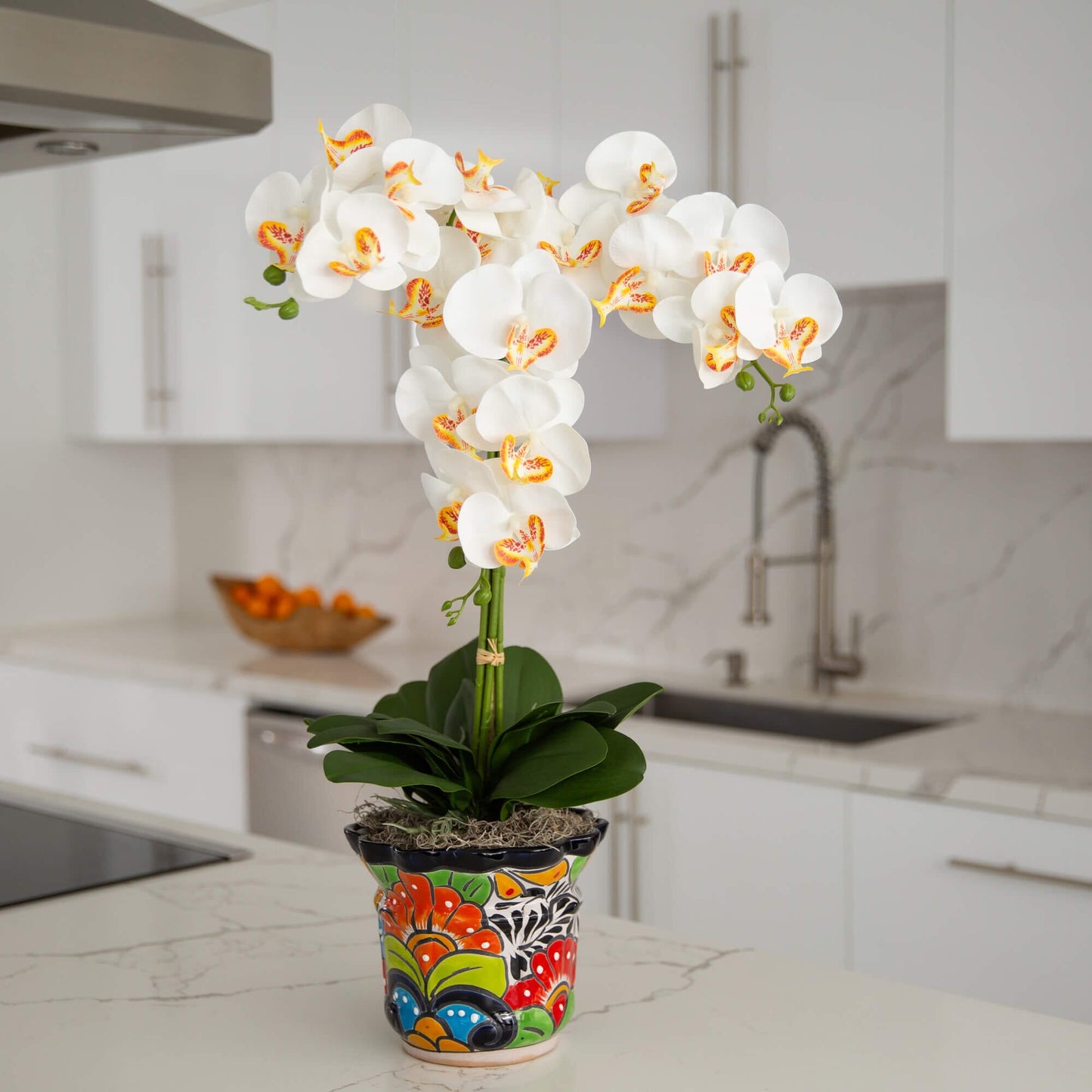 Artificial Triple Orchid and Talavera Planter