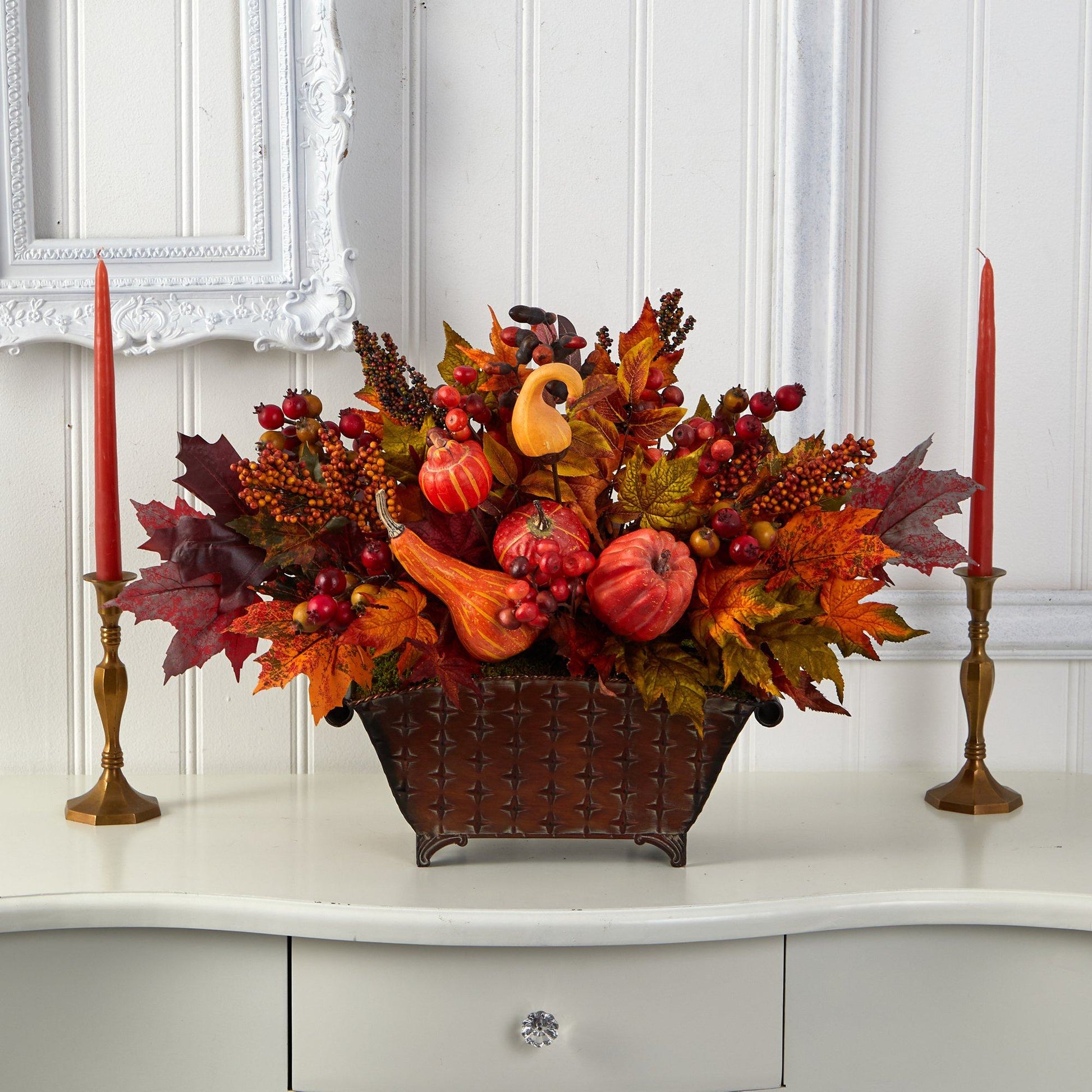 Pumpkin maple leaf berries arrangement in a hammered metal vase on Tampa Home & Garden Store