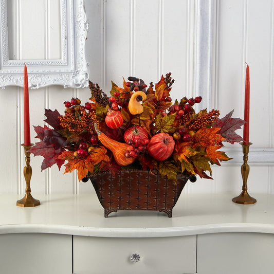 Pumpkin maple leaf berries arrangement in a hammered metal vase on Tampa Home & Garden Store