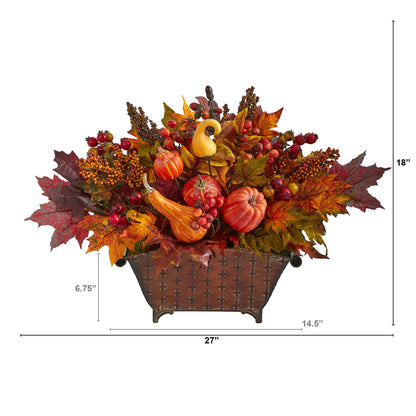 Arrangement: Nearly Natural 27in pumpkin berry maple leaf in metal vase on Tampa Home & Garden Store