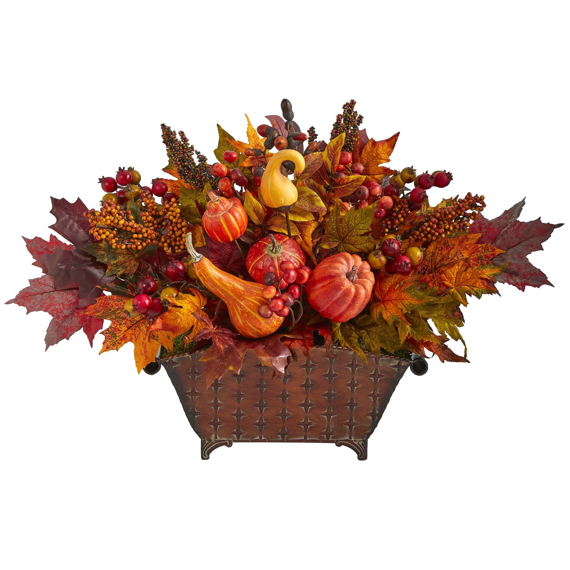 Nearly Natural 27in Pumpkin Maple Leaf and Berries arrangement in a metal vase with fall leaves on Tampa Home & Garden Store