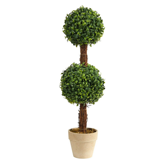 28 Inch Boxwood Double Ball Topiary Artificial Tree in a beige planter on Tampa Home & Garden Store