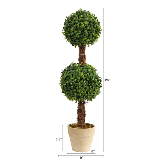 Nearly Natural 28 Inch Green Boxwood Double Ball Topiary Artificial Tree in beige planter on Tampa Home & Garden Store