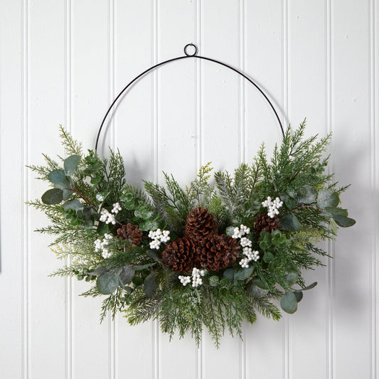28” Christmas Pine, Eucalyptus, and Berries Metal Circlet Artificial Wreath