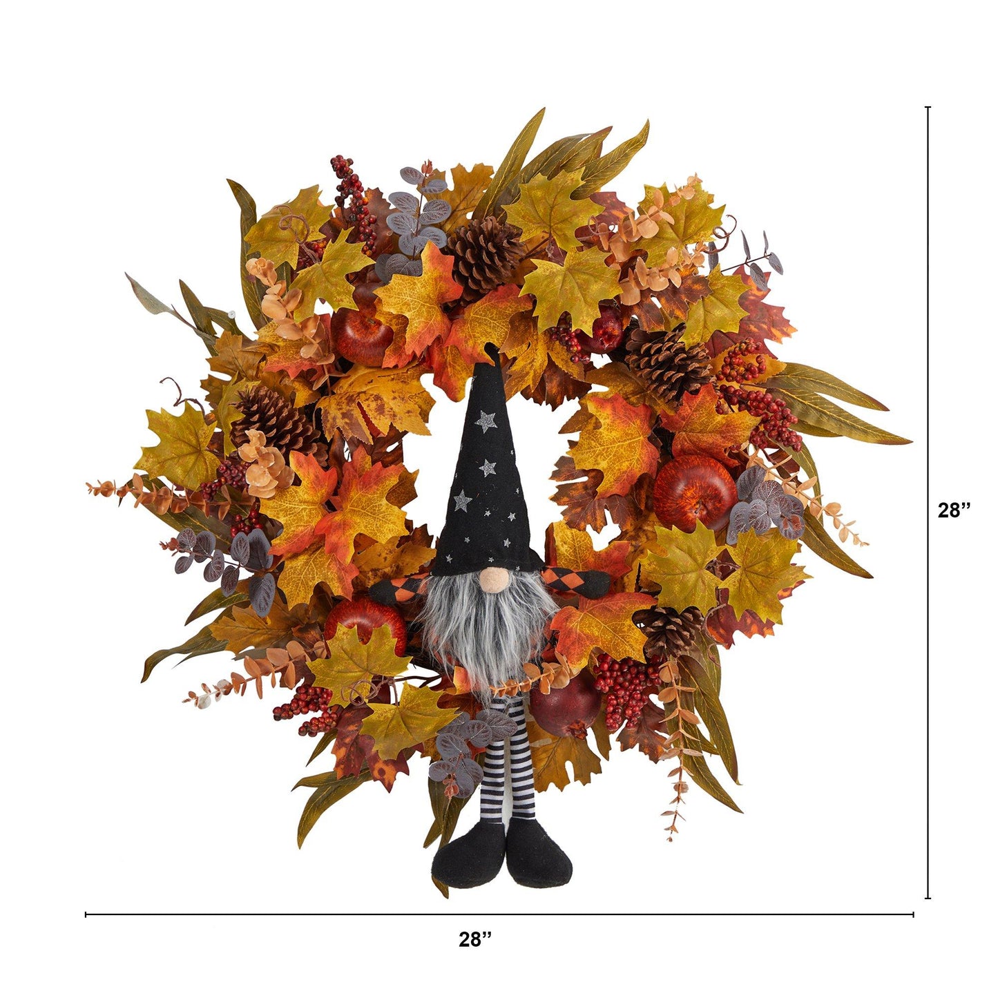 Couronne d'automne artificielle de 28 pouces, motif gnome d'automne