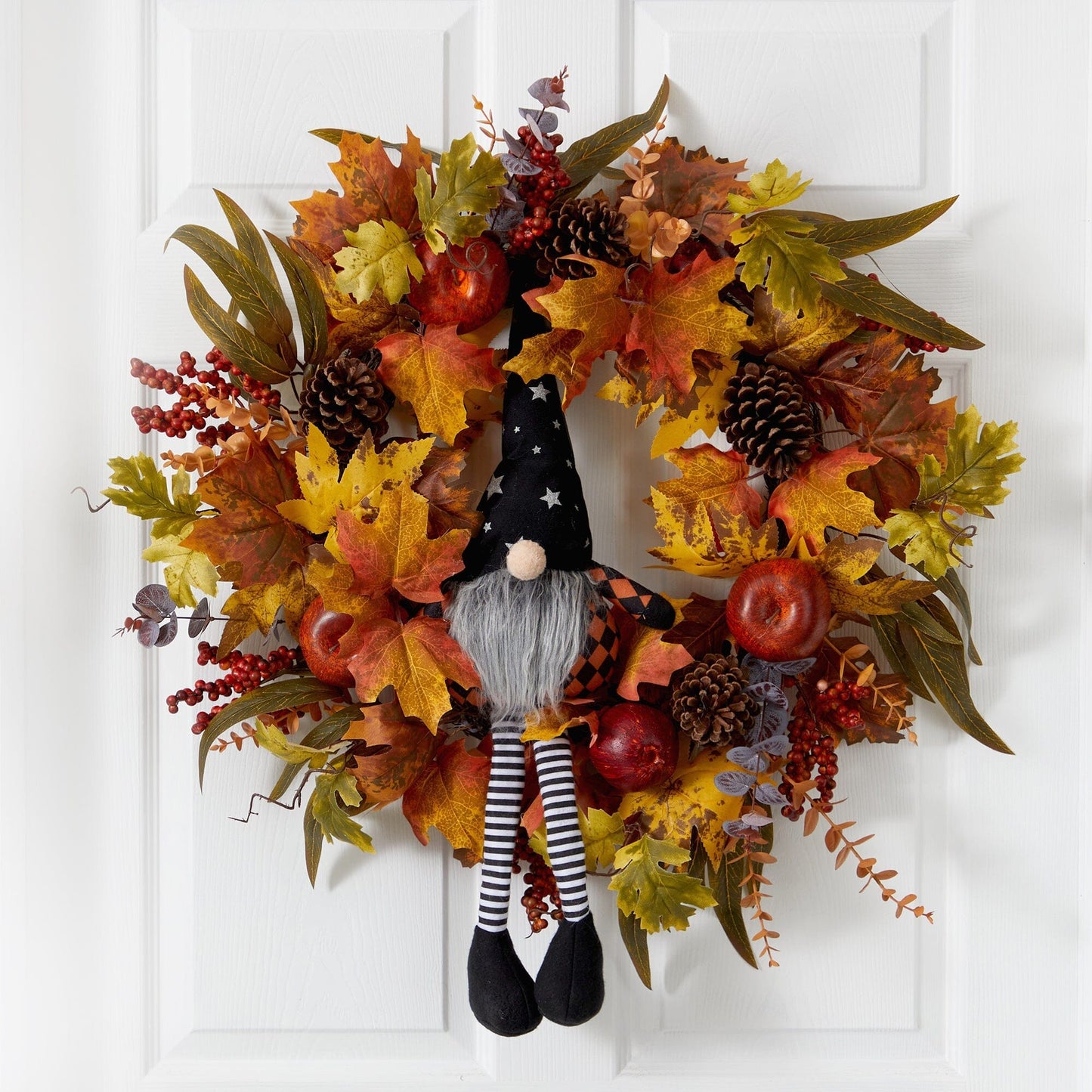 Couronne d'automne artificielle de 28 pouces, motif gnome d'automne