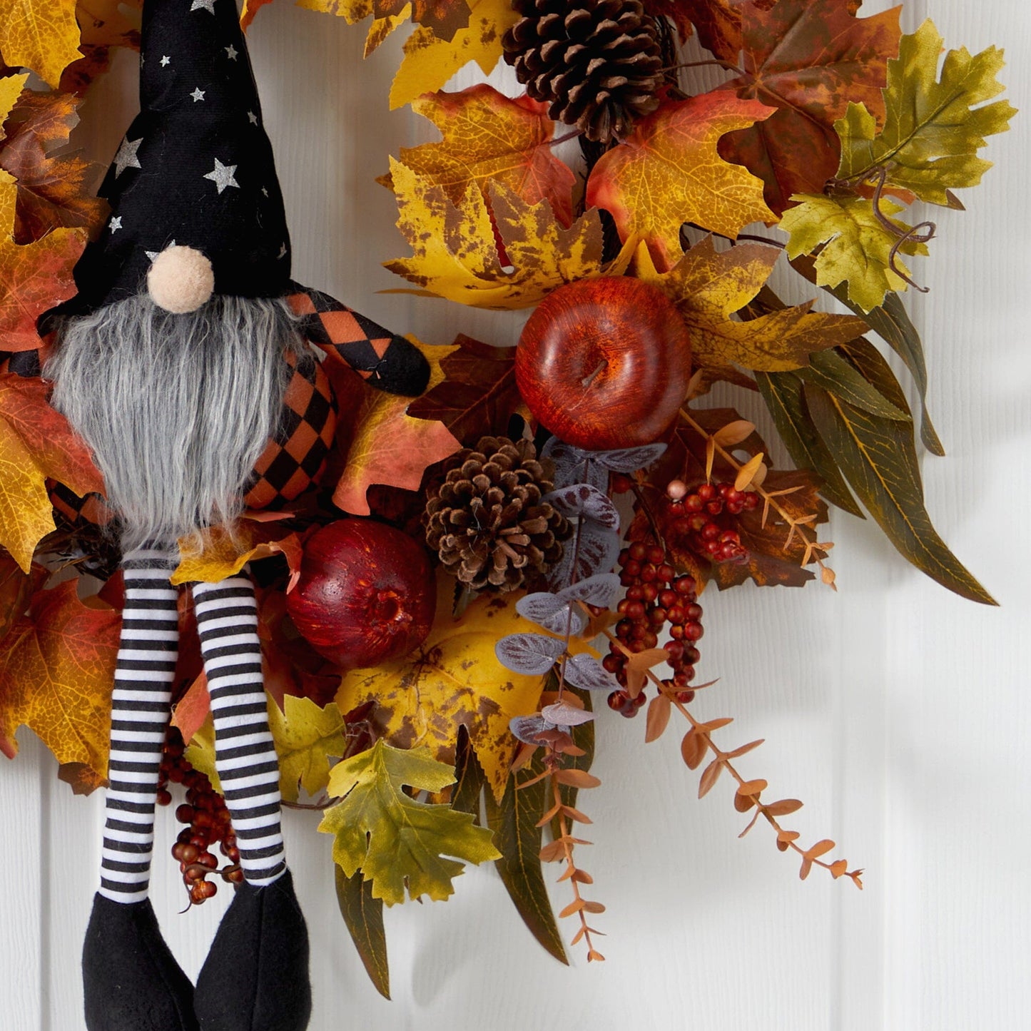 Couronne d'automne artificielle de 28 pouces, motif gnome d'automne