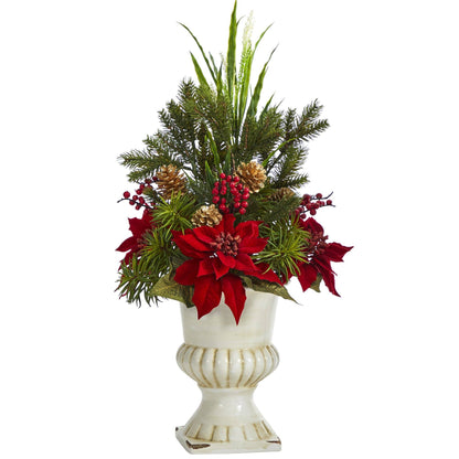 Artificial poinsettia grass and succulent arrangement in a white urn, 28in tall with red berries on Tampa Home & Garden Store