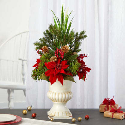 Candelabrum arrangement in white urn with poinsettias, evergreens and berries by Nearly Natural on Tampa Home & Garden Store