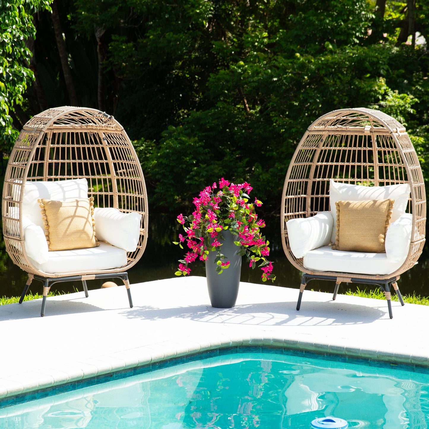 Nearly Natural bougainvillea hanging plants pink set of 2 in a poolside display with wicker chairs on Tampa Home & Garden Store