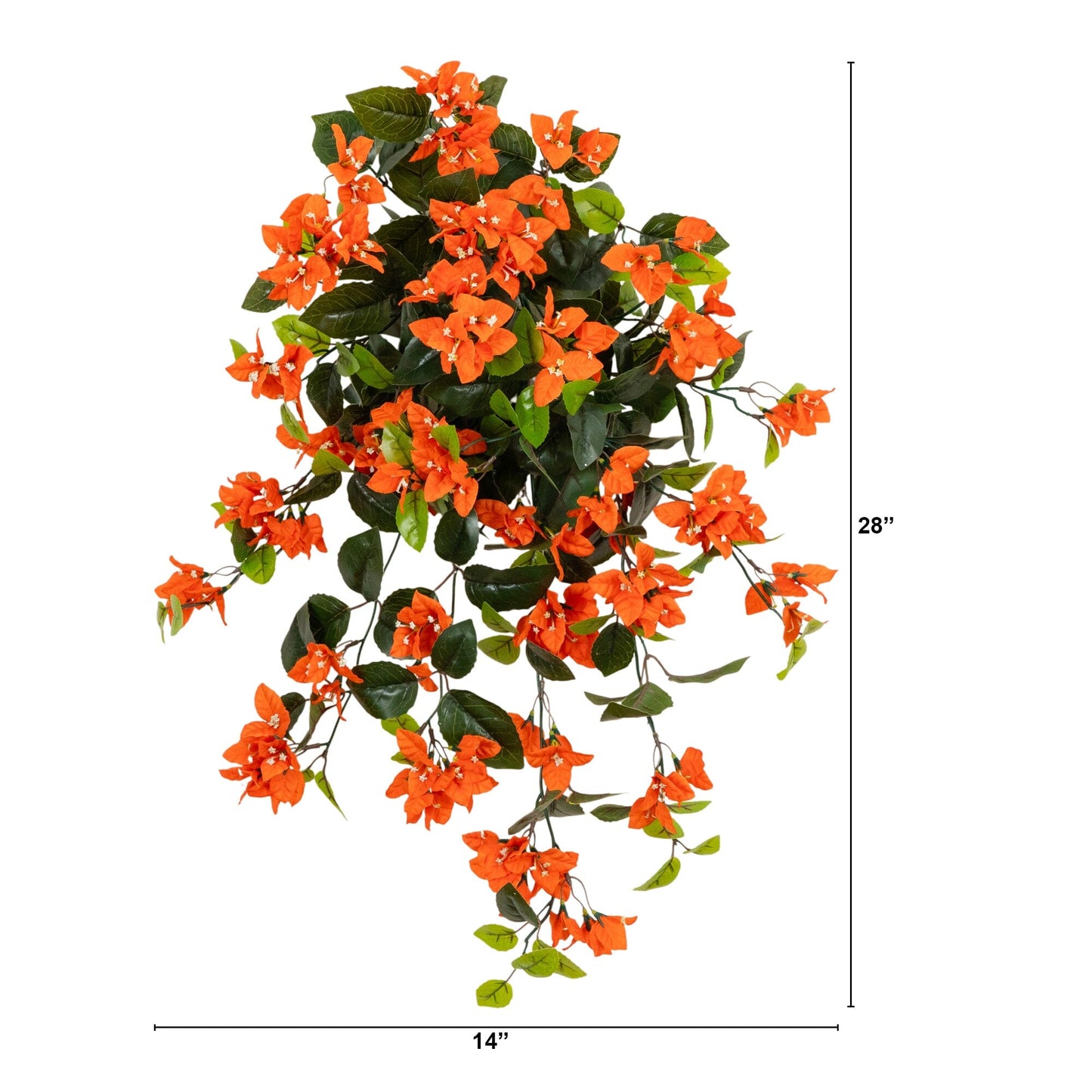 Artificial bougainvillea hanging plant with orange blooms and green leaves, 28 inches tall on Tampa Home & Garden Store