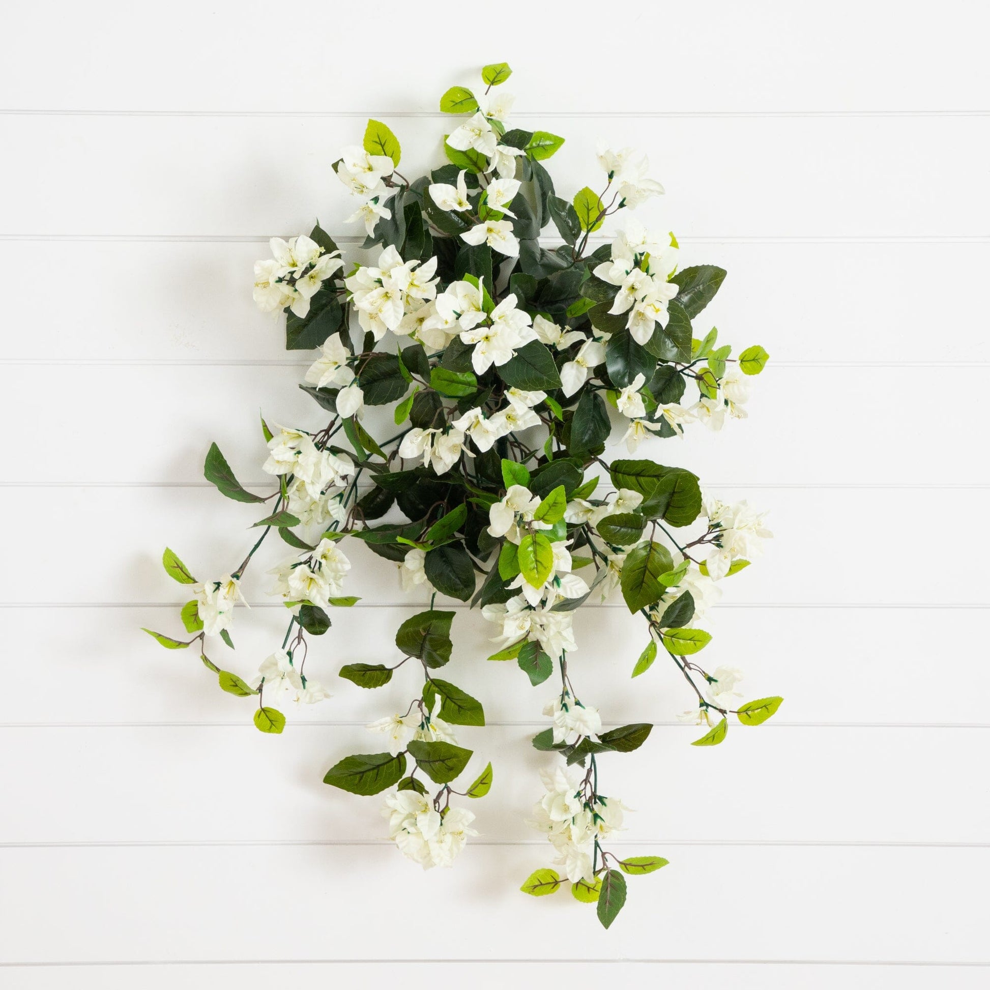 Hanging bougainvillea plant, 28in, artificial, set of 2 with white blooms and green leaves on Tampa Home & Garden Store