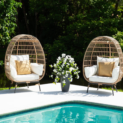 Nearly Natural 28” UV resistant bougainvillea hanging plant by pool with wicker chairs on Tampa Home & Garden Store