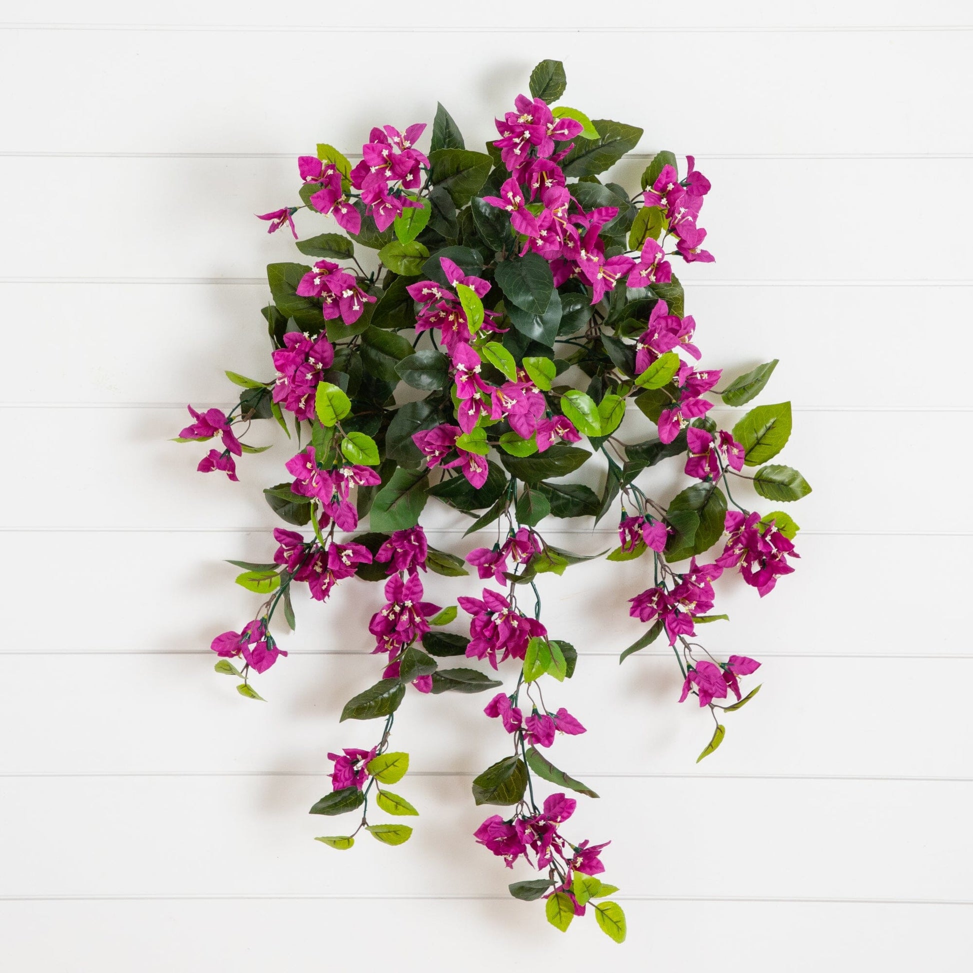 Artificial bougainvillea hanging plant, 28 in, UV resistant, set of 2, magenta blooms on leaves on Tampa Home & Garden Store